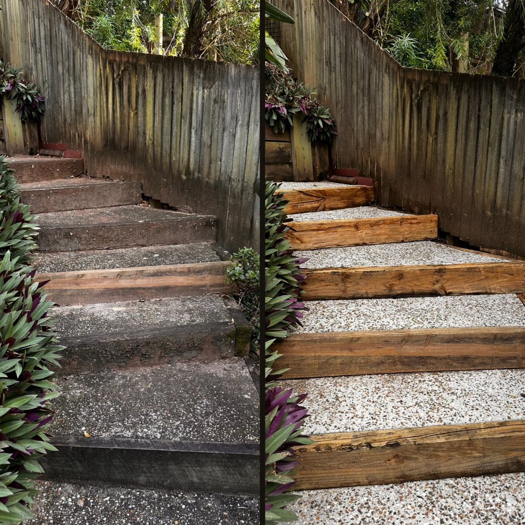 A Split-screen Comparison of Garden Stairs, and Renovated Timber Steps — Coastal Pressure Solutions in Oxenford, QLD