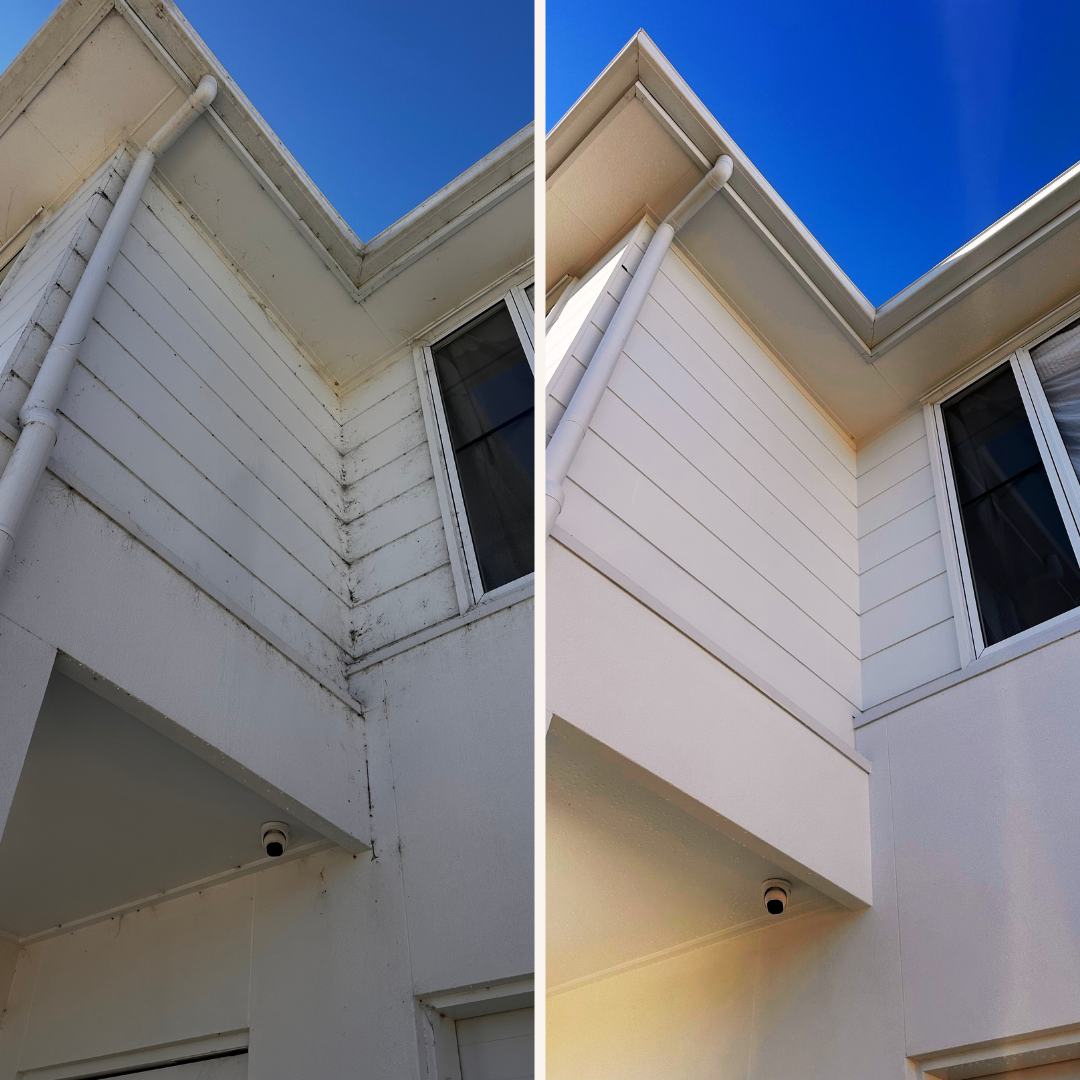 A Split-screen View Shows a Corner of a White House Before and After — Coastal Pressure Solutions in Oxenford, QLD