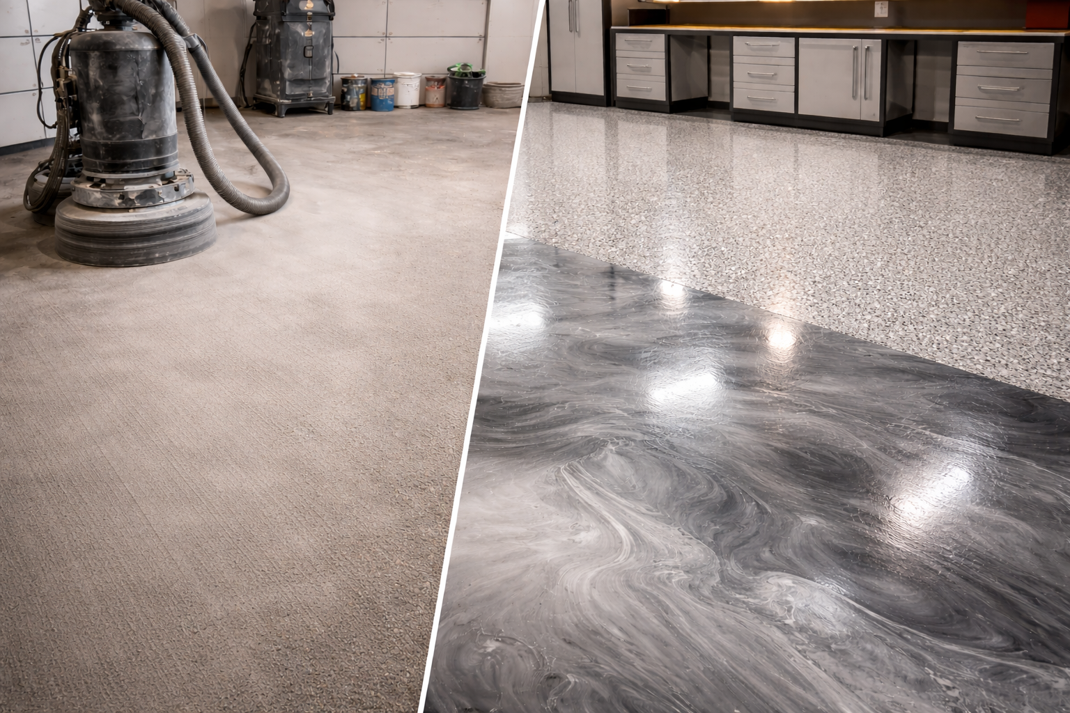 Before and after of a concrete floor. Left side dusty. Right side, shiny, metallic epoxy.