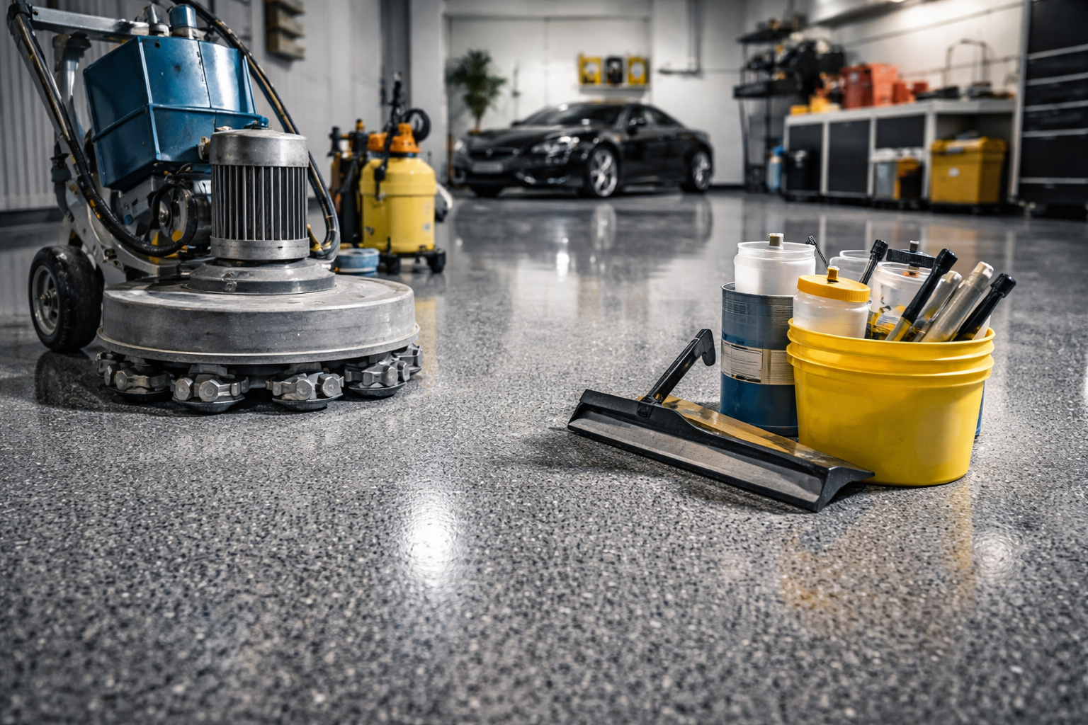 Polished garage floor with equipment and tools; a black car is visible in the background.