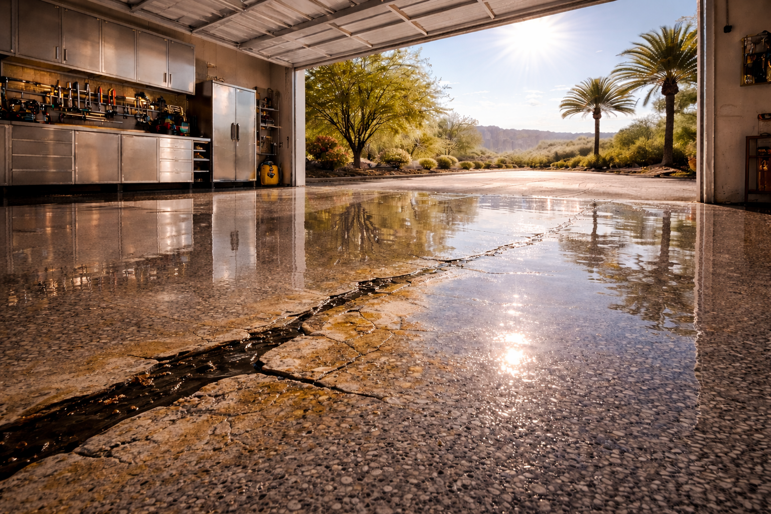 Garage interior with a cracked, reflective floor; view of trees and sunlight outside.