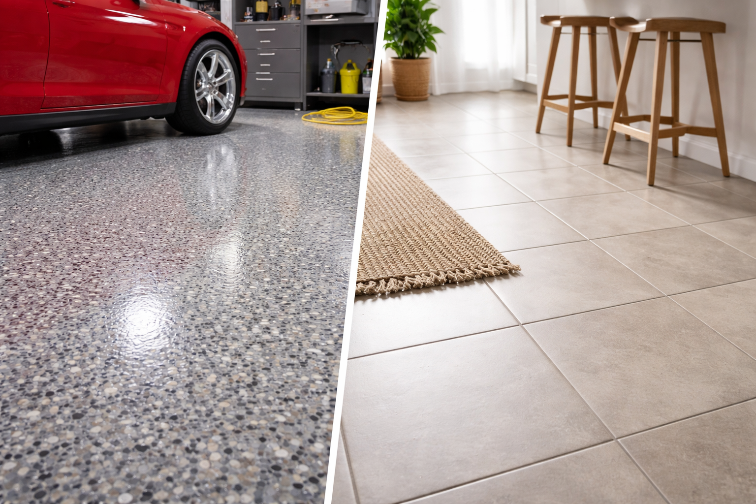 A split view of a garage with a red car on a speckled floor and a tiled kitchen area with stools and a rug.