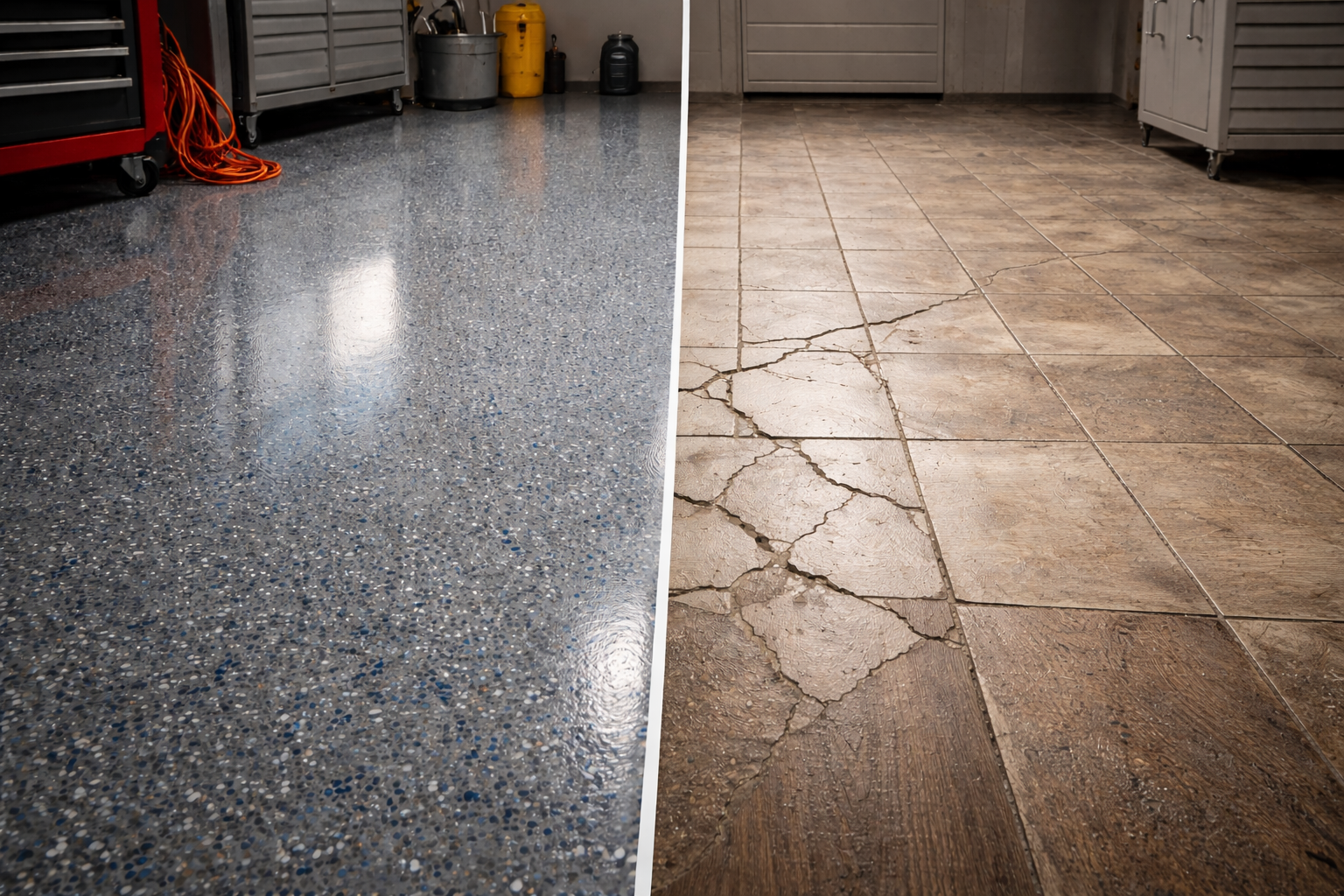 A split image showing a garage floor before and after epoxy coating, highlighting the transition from cracked to smooth.