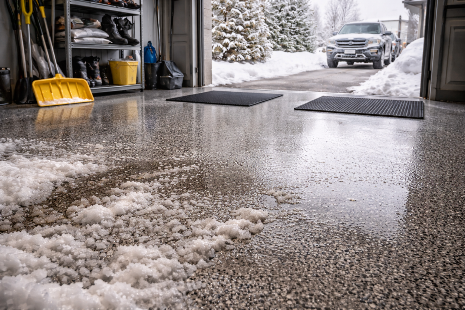 Snowy garage interior; salt on a glossy floor, shovel, car in the driveway, winter scene.