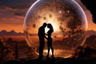 Silhouetted couple embracing in front of a glowing moon over a sunset landscape
