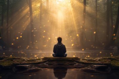 Person meditating in a sunlit forest, with golden light and glowing particles סביב them.