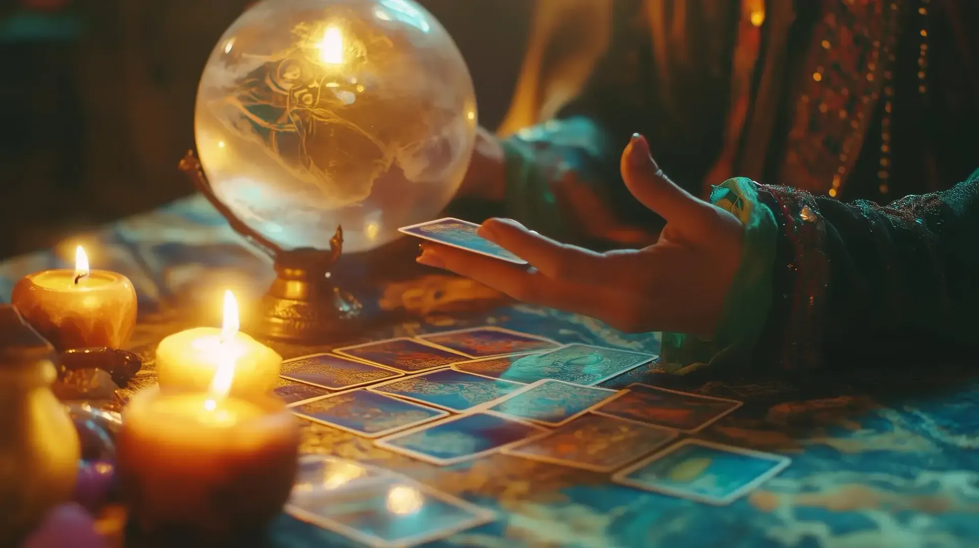 Hand reaching toward a glowing crystal ball beside lit candles and tarot cards on a dim table