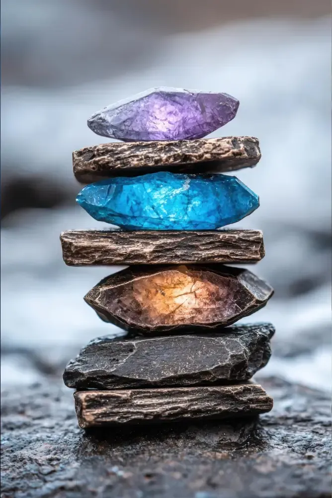 Stacked colorful stones on wet rock, with purple, blue, copper, and gray layers.