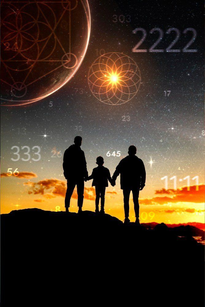 Silhouetted family at sunset under a starry sky with glowing numbers and celestial orbs