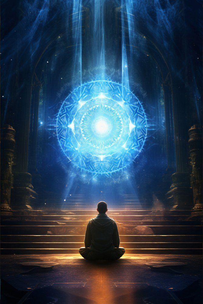 Person meditating before a glowing blue mandala in a dark temple stairway