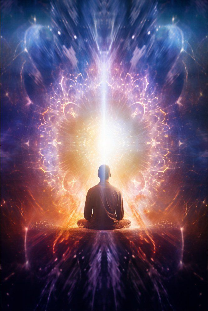 Silhouetted person meditating before a glowing cosmic light with swirling purple and gold energy