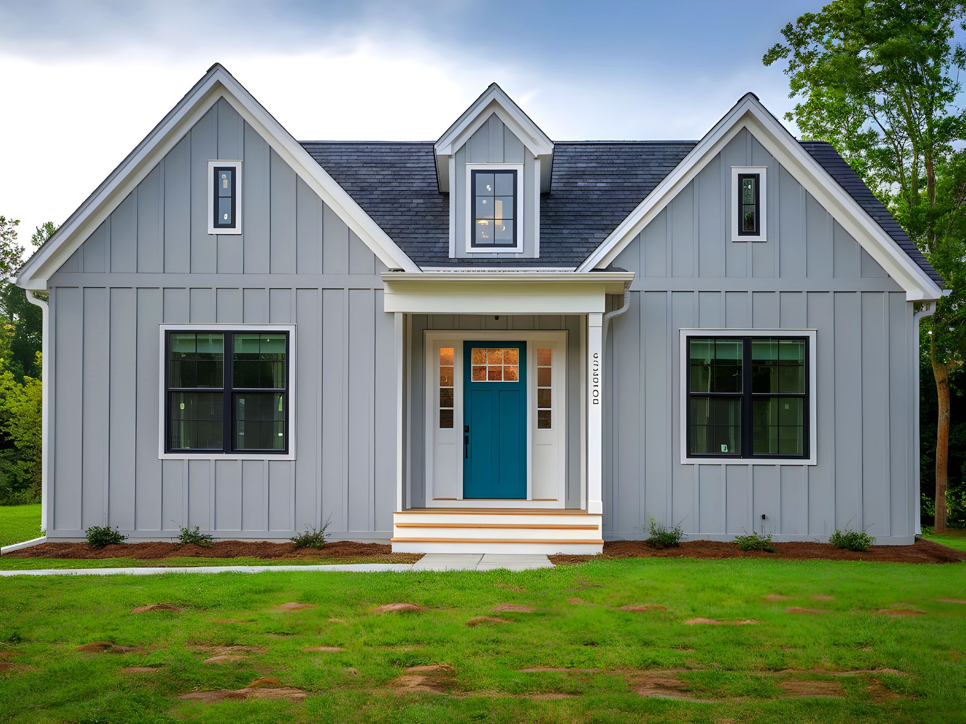 A gray house with a blue door and windows