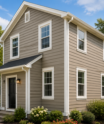 Two-story beige house with white trim, front porch, and landscaped shrubs under a blue sky