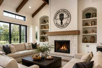 Cozy living room with a lit fireplace, built-in shelves, and a beige sectional sofa by large windows