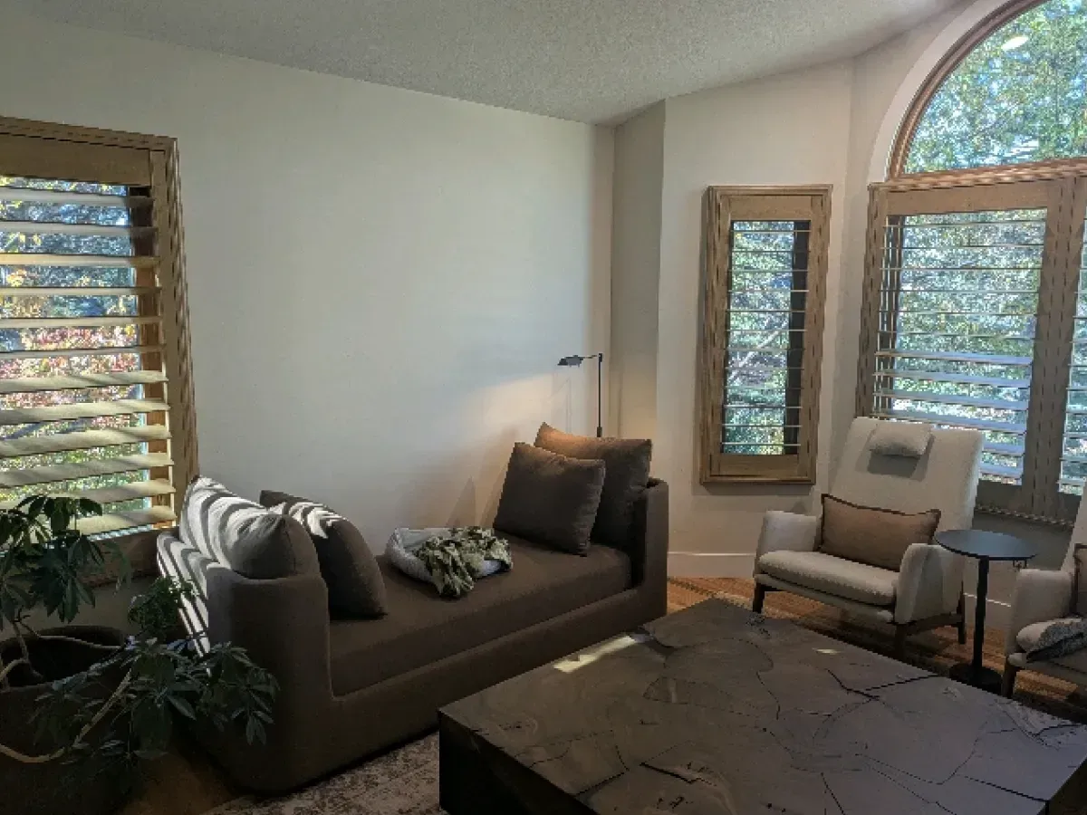 Sunlit living room with brown sofa, armchair, coffee table, and arched windows with blinds