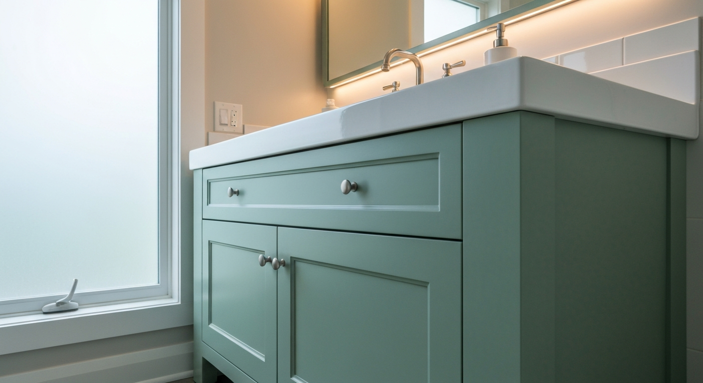 Mint green bathroom vanity with sink and mirror under warm lighting