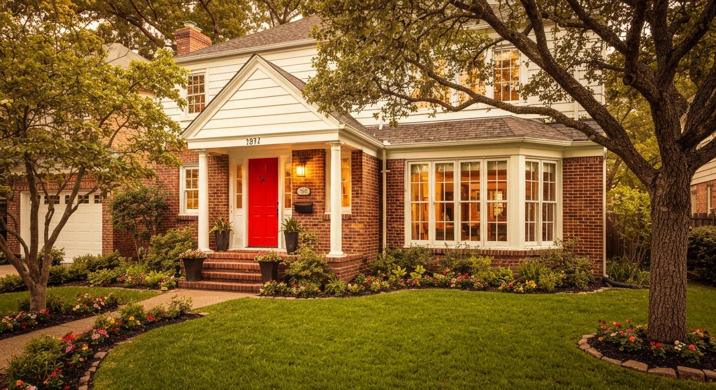 Brick house with a bright red front door, lit windows, and a manicured front lawn at dusk