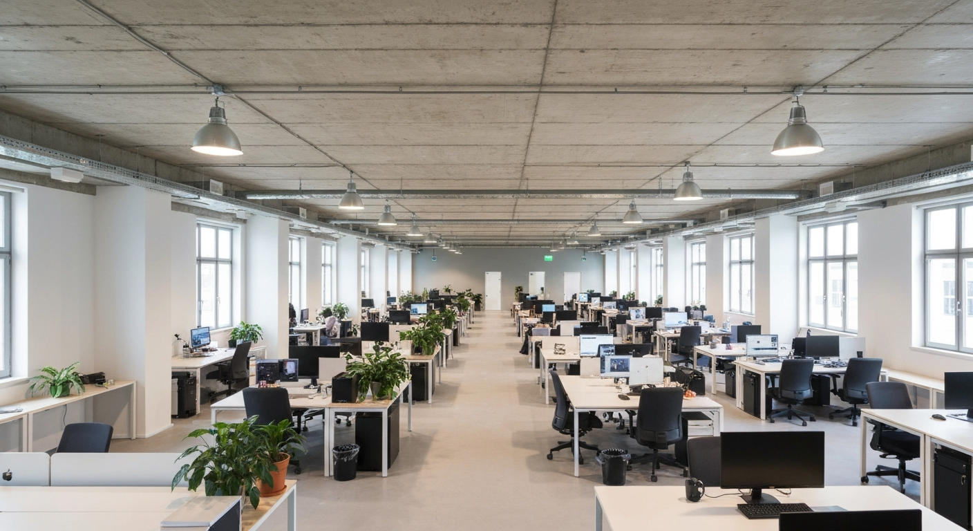Modern open-plan office with rows of desks, computer monitors, and large windows under a concrete ceiling