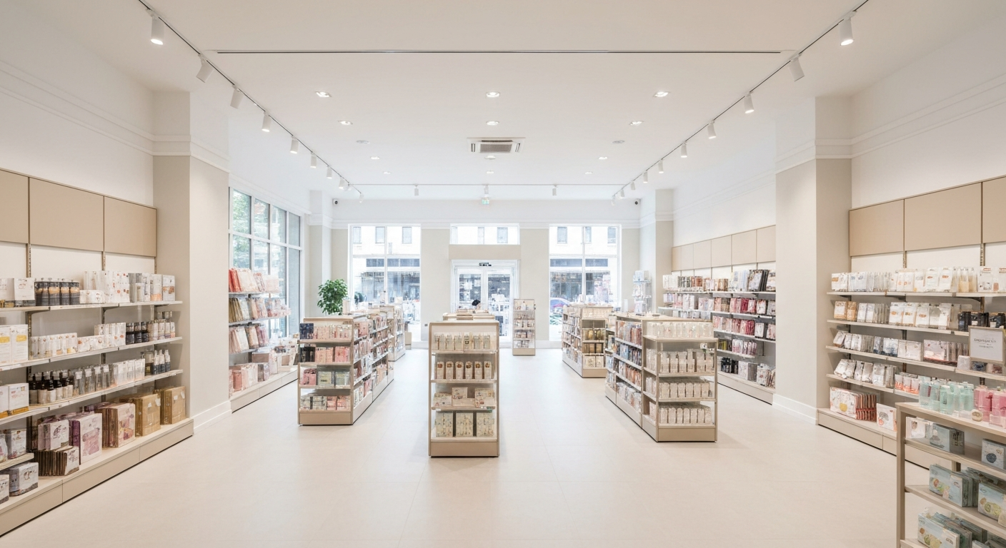 Bright minimalist retail store interior with shelves of products and a central display aisle