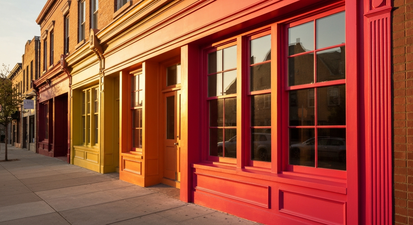 Sunlit row of colorful storefronts with large windows along a quiet sidewalk