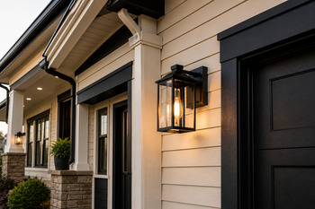 Modern home exterior with beige siding, black trim, and glowing wall lanterns along a covered entryway
