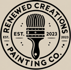 Black-and-beige circular logo reading “Renewed Creations Painting Co.” with a paintbrush and “Est. 2023”