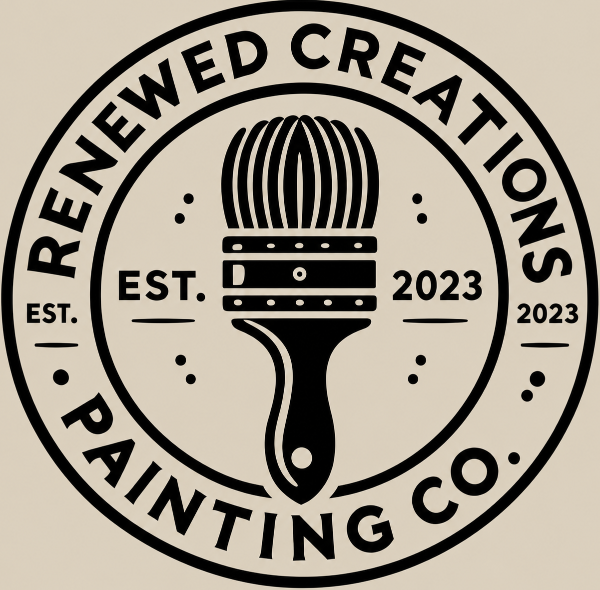Black-and-beige circular logo reading “Renewed Creations Painting Co.” with a paintbrush and “Est. 2023”