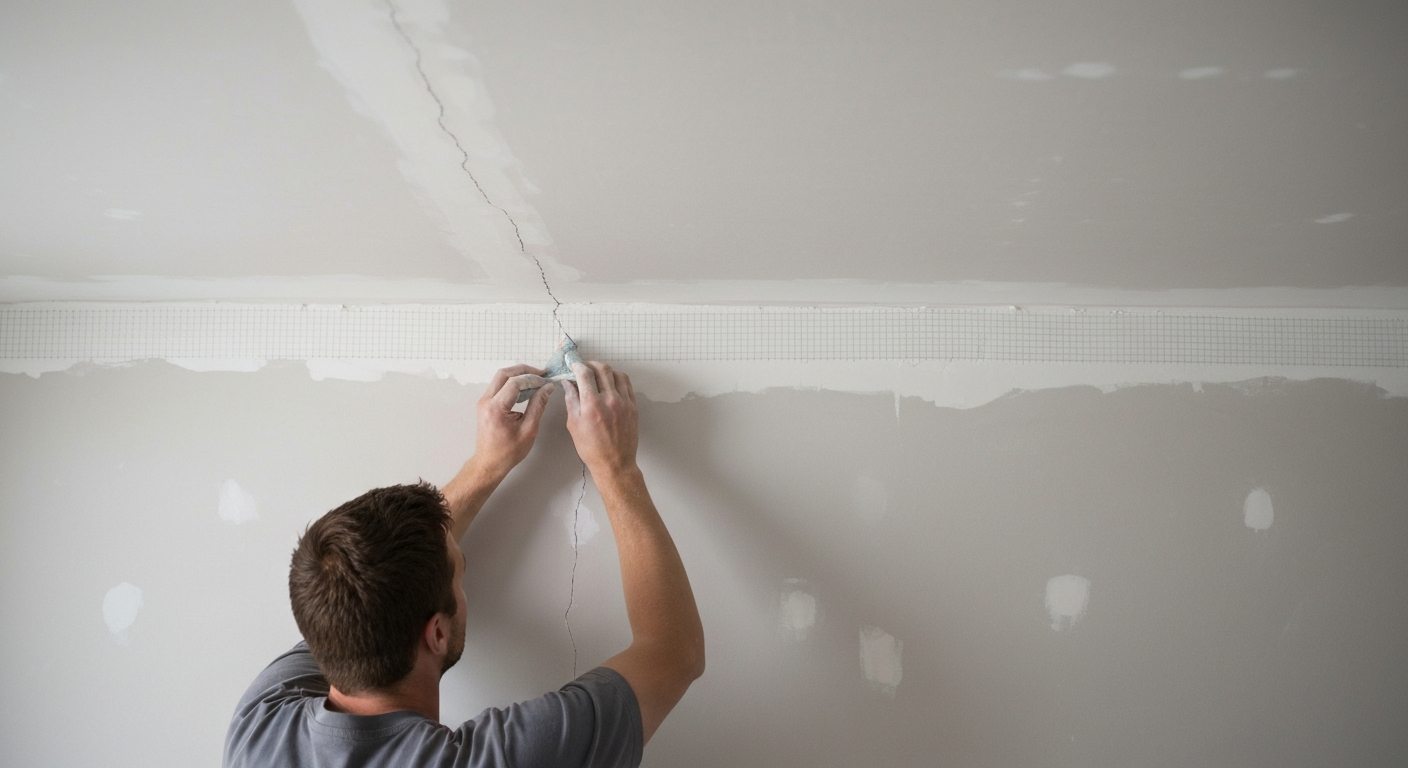 Person patching a ceiling seam in a room with white joint compound spots on gray walls
