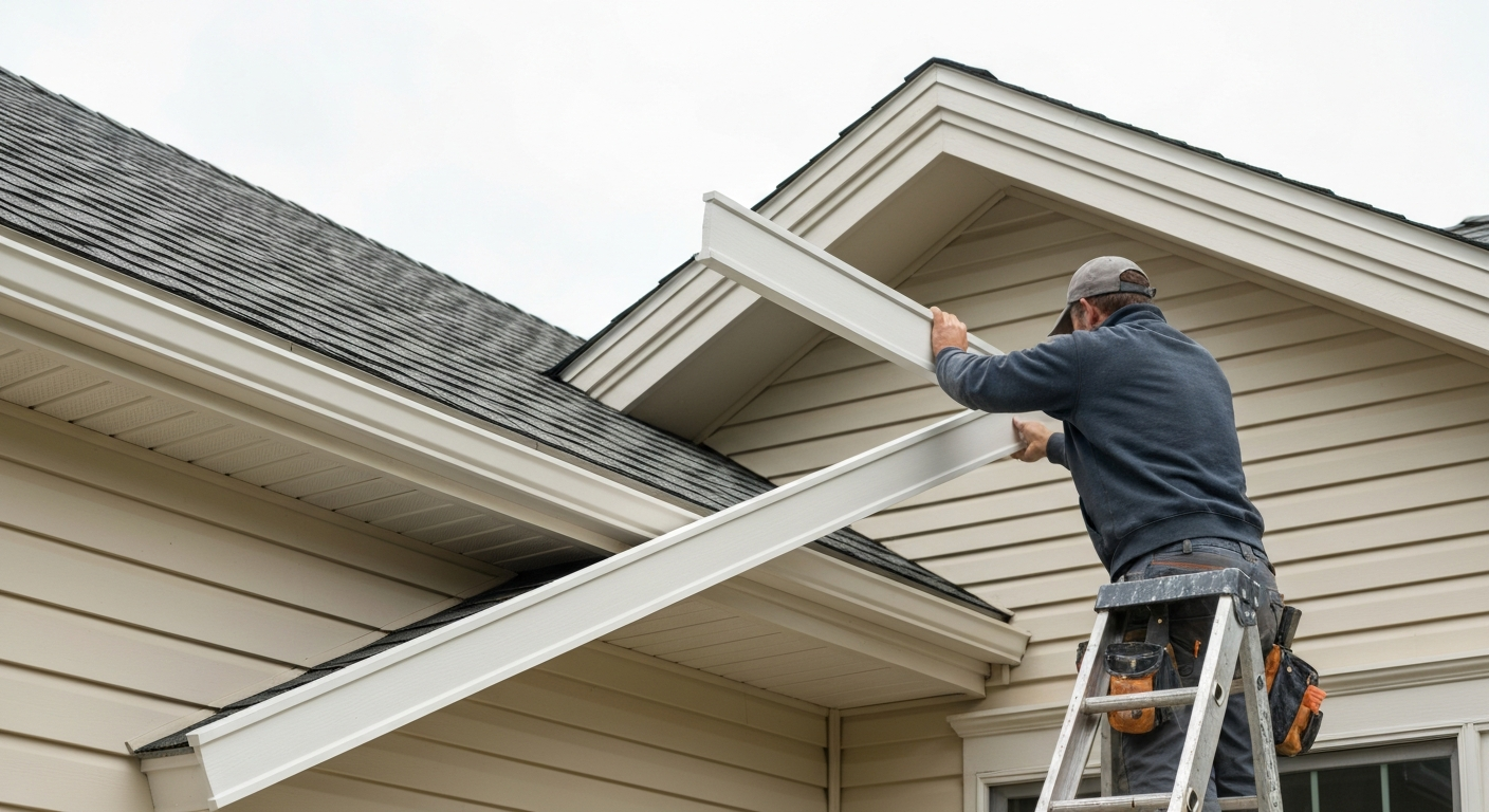Worker on a ladder installing white gutter trim on a beige house roofline.