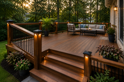 Wooden deck at sunset with lit stairs, railing, and outdoor seating surrounded by trees