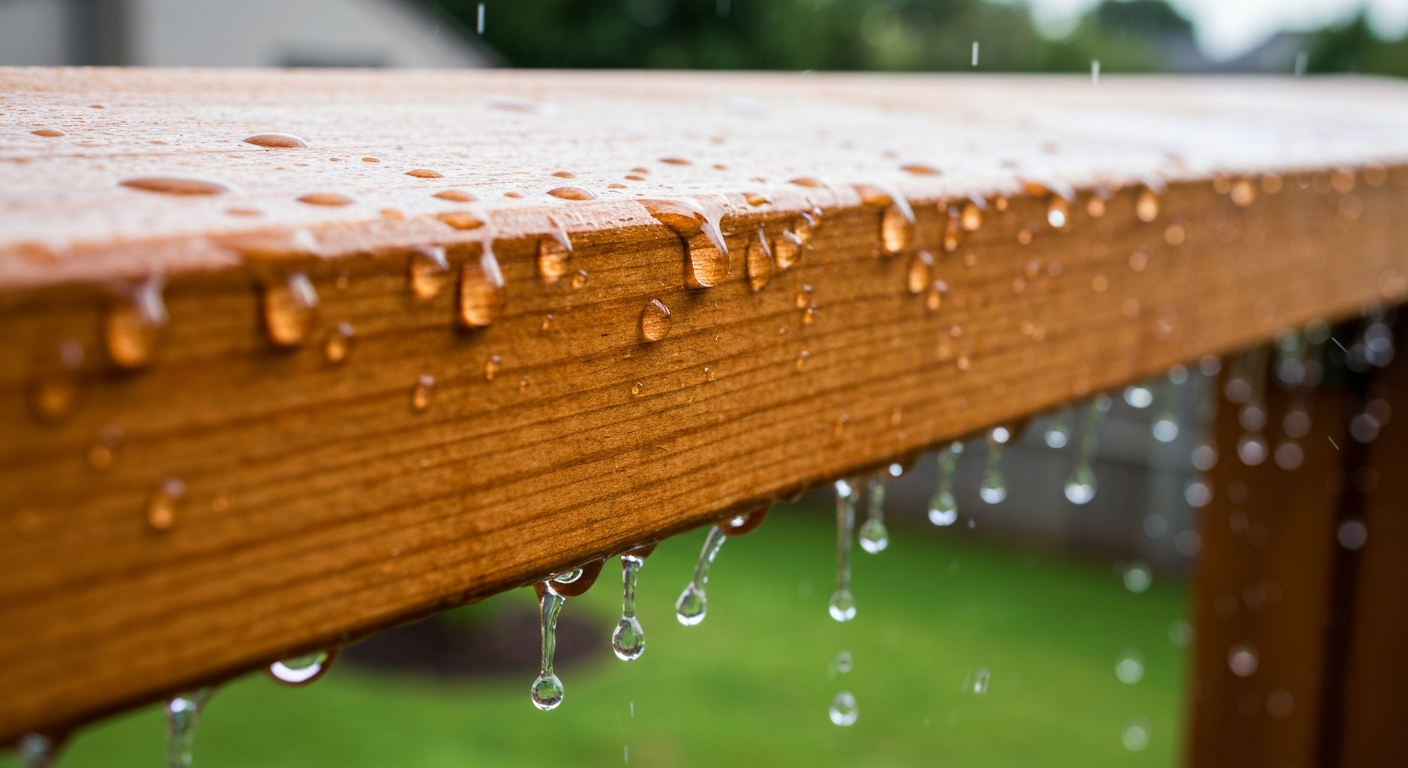 Rain dripping from a wet wooden railing with blurred green background