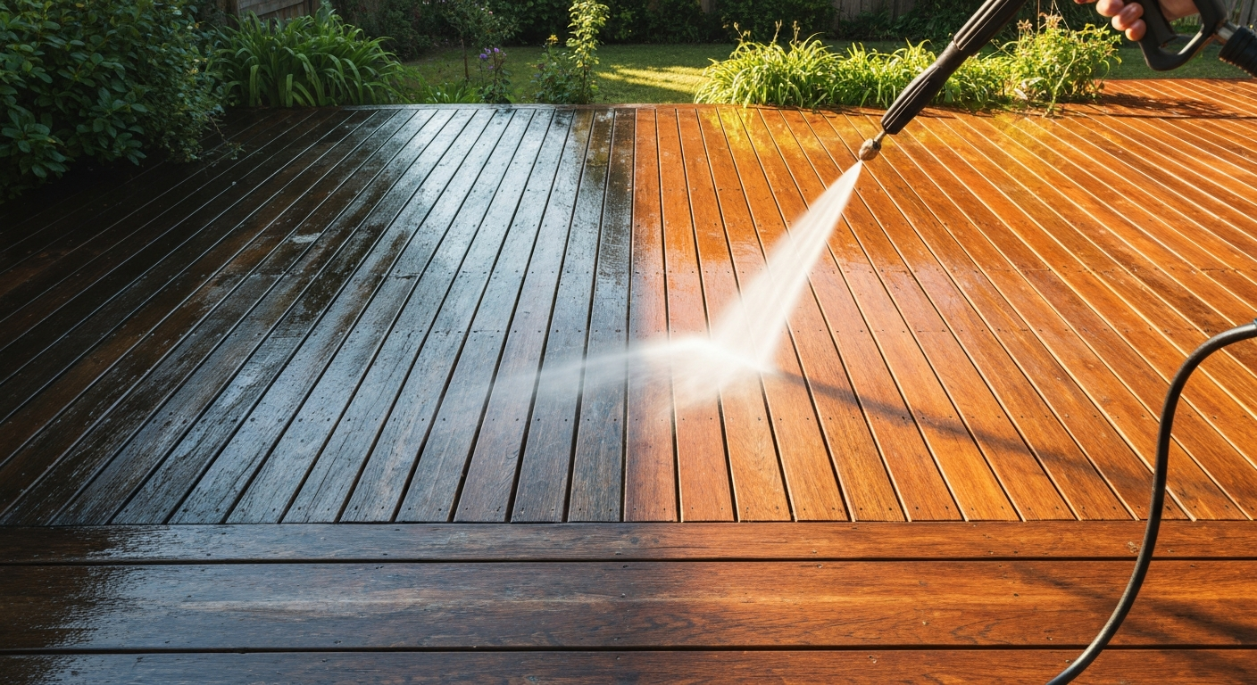 Water spraying across a wet wooden deck, creating a clean dark-to-light contrast outdoors