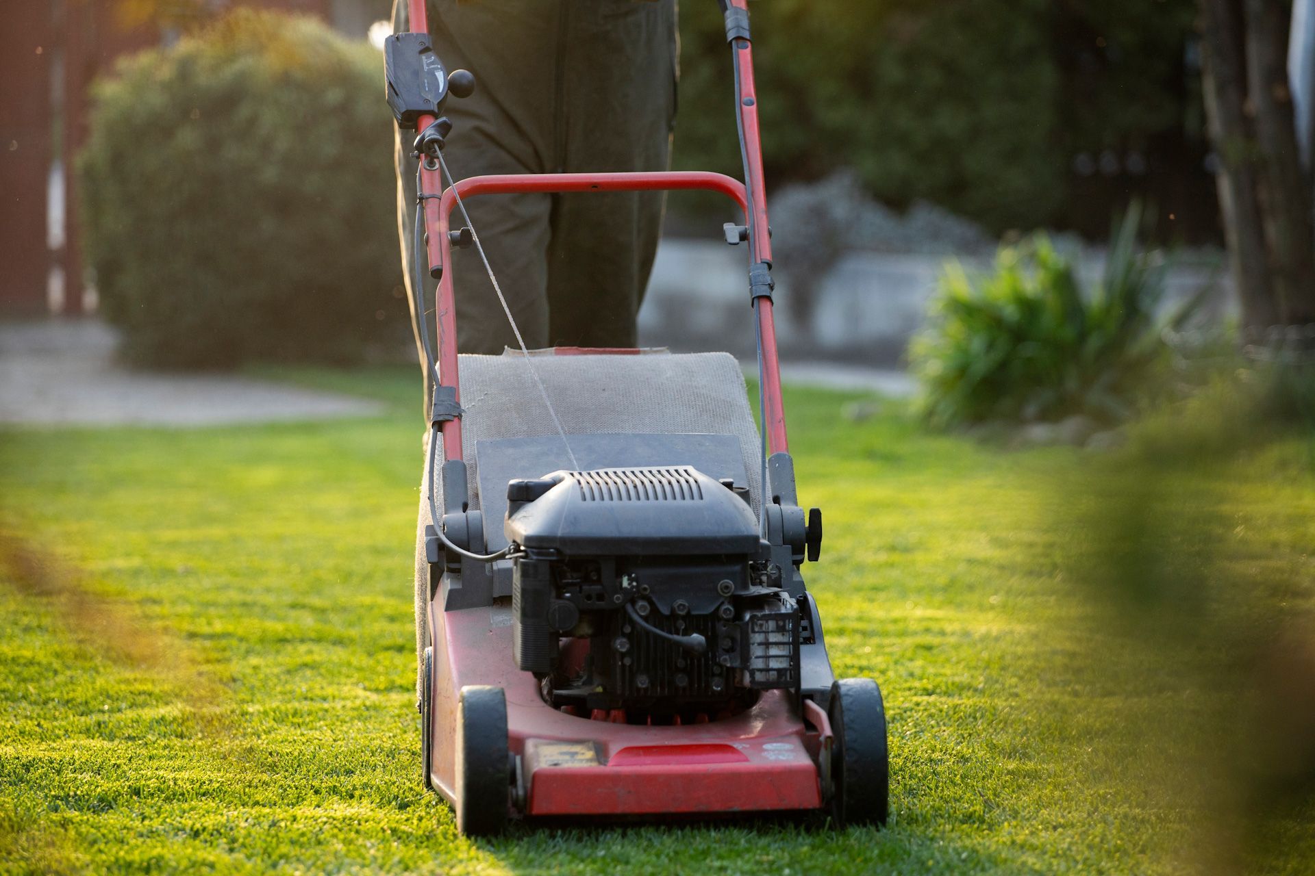 A man is mowing a lush green lawn with a red lawn mower.