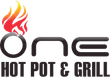 Logo for One Hot Pot & Grill with a red-orange flame above the “O” and bold black text