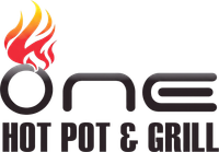 Logo for One Hot Pot & Grill with a red-orange flame above the “O” and bold black text
