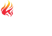 Red and orange stylized flame icon on a white background