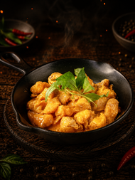 Black skillet of creamy orange curry garnished with mint on a dark rustic table