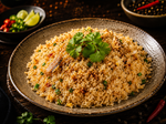 Plate of fried rice garnished with cilantro, with small bowls of vegetables and chilies nearby