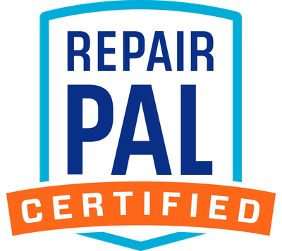 Repair Pal Certified logo in blue and orange with bold text inside a shield shape