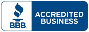 BBB Accredited Business logo with blue flame icon and white text on blue background