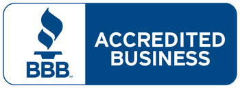 BBB Accredited Business logo with blue flame icon and white text on blue background