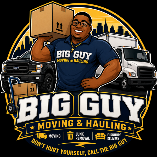 Big Guy Moving & Hauling logo with smiling mover, boxes, trucks, and bold yellow-black branding