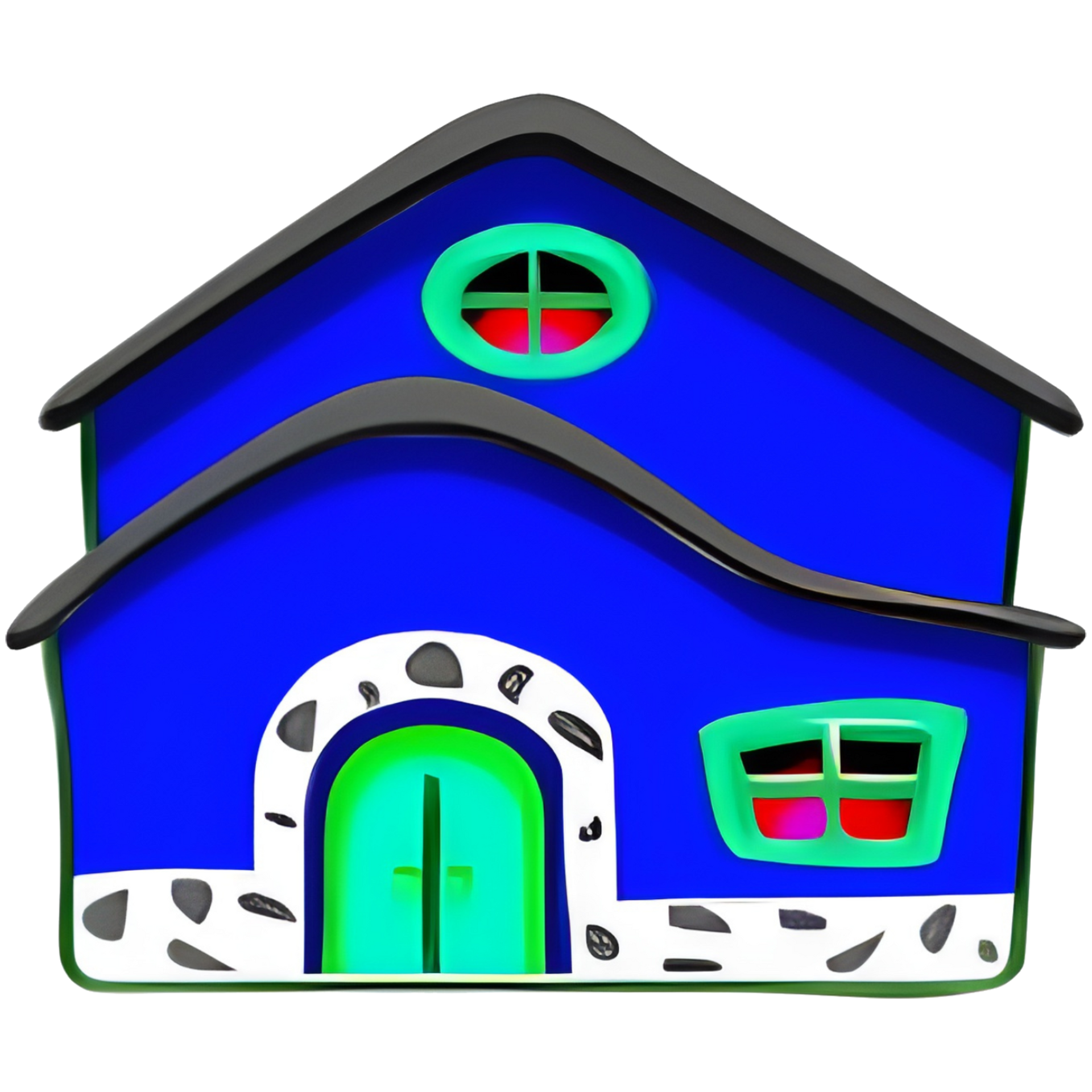 Blue cartoon house with a green door and window, gray roof, and a rounded window.