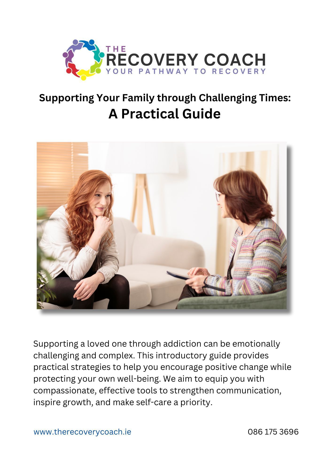 A woman is sitting on a couch talking to a recovery coach.
