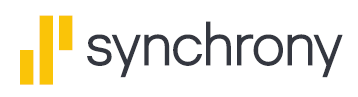 Synchrony logo with a yellow graphic and dark grey text.