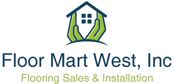 Floor Mart West, Inc. logo: House icon in green hands, navy text, 