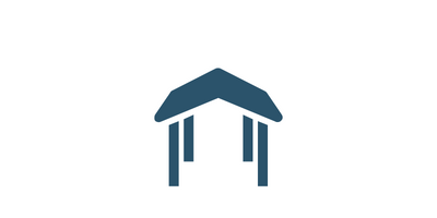 Blue house logo icon with a roof and four vertical columns