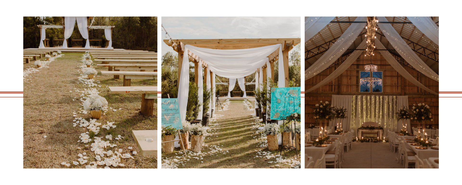 Three rustic wedding tent setups with white drapes, chairs, and floral aisle decor