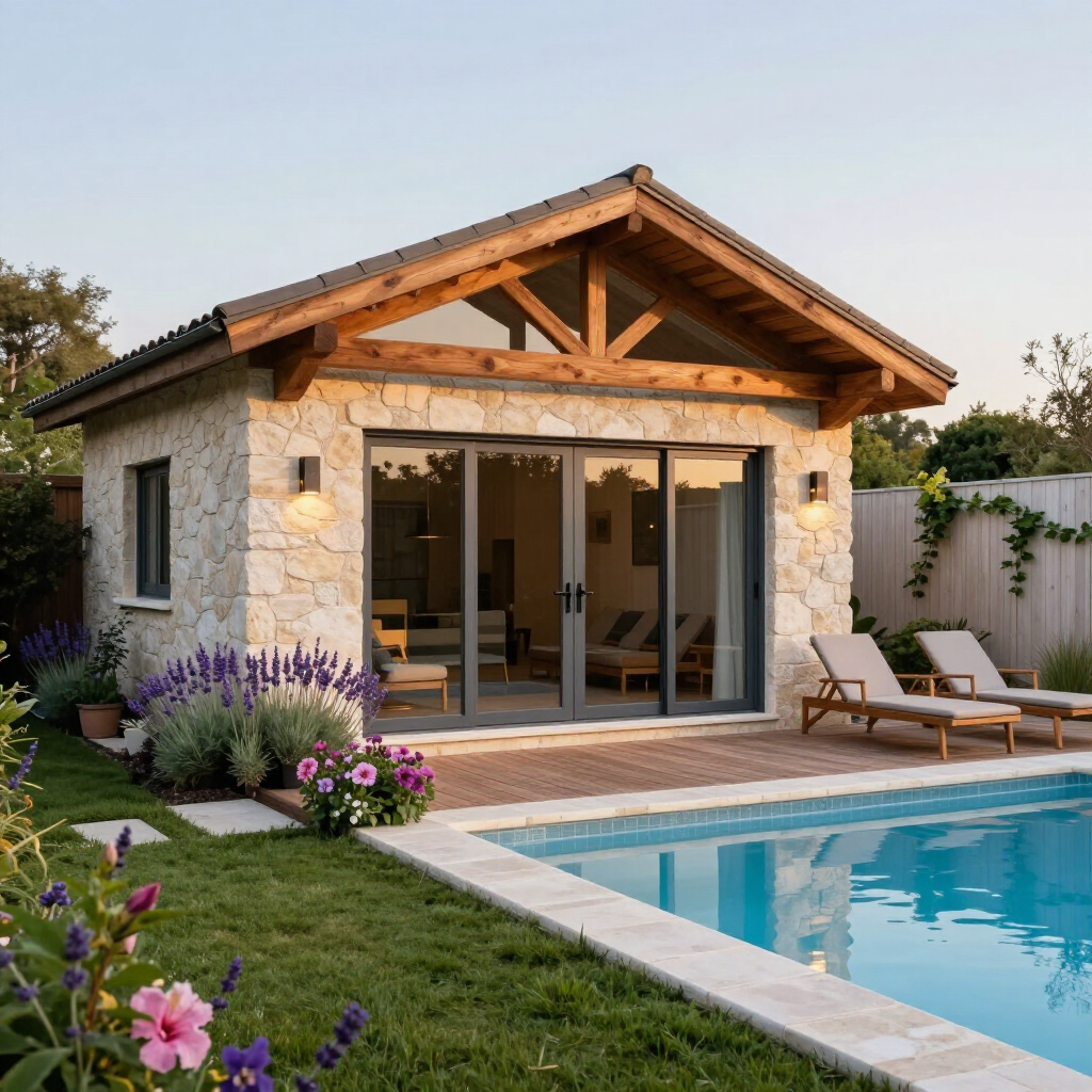 Stone pool house with glass doors beside a backyard swimming pool and patio loungers