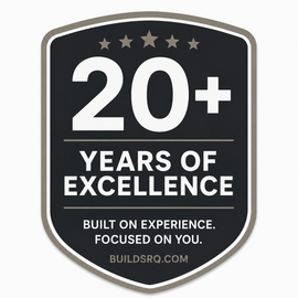 Black shield badge reading “20+ Years of Excellence” with “Built on experience. Focused on you.”